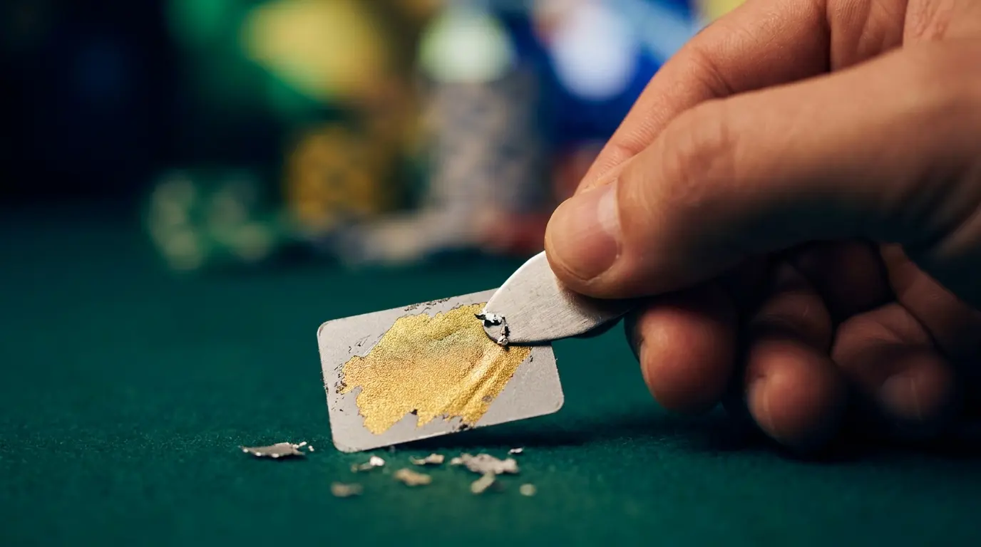 Mão raspando cartão de raspadinha em cassino com cores brasileiras