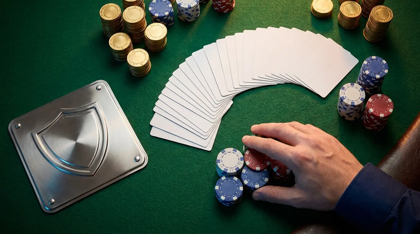 Cartas e fichas de cassino com símbolo de segurança