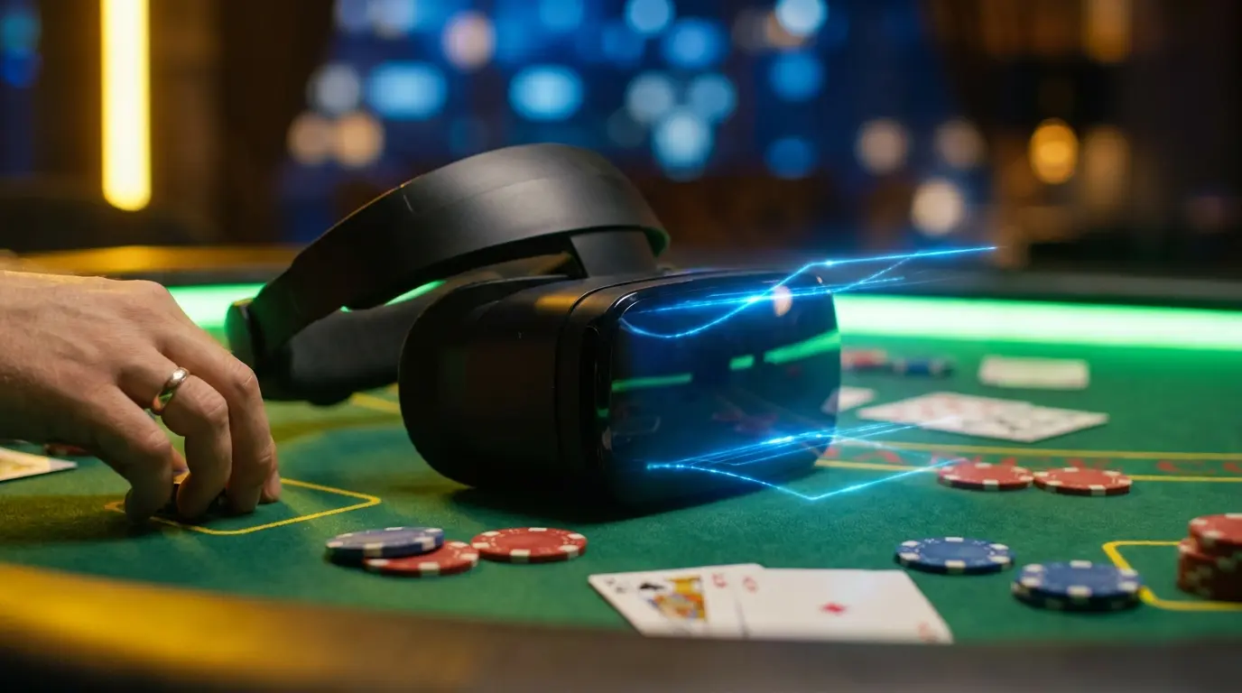 Headset de realidade virtual em mesa de cassino com fichas