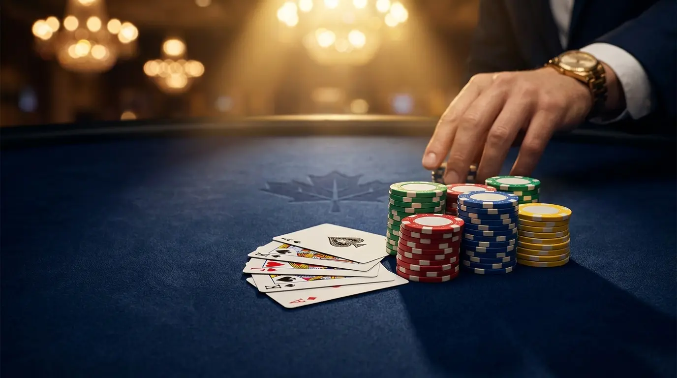 Casino chips and cards on felt table with Canadian themed elements