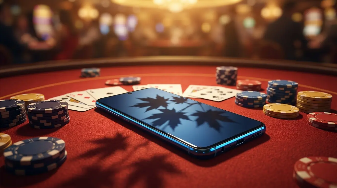 Smartphone on casino felt with poker chips and Canadian maple leaf shadow