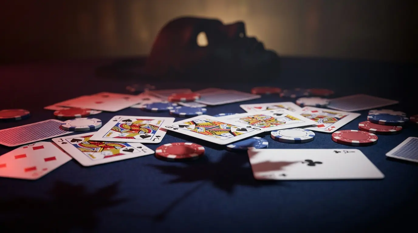 Casino chips and cards with maple leaf shadow and anonymous mask