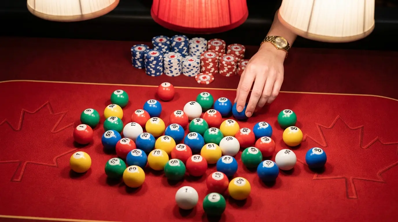 Bingo balls and casino chips on Canadian-themed felt table
