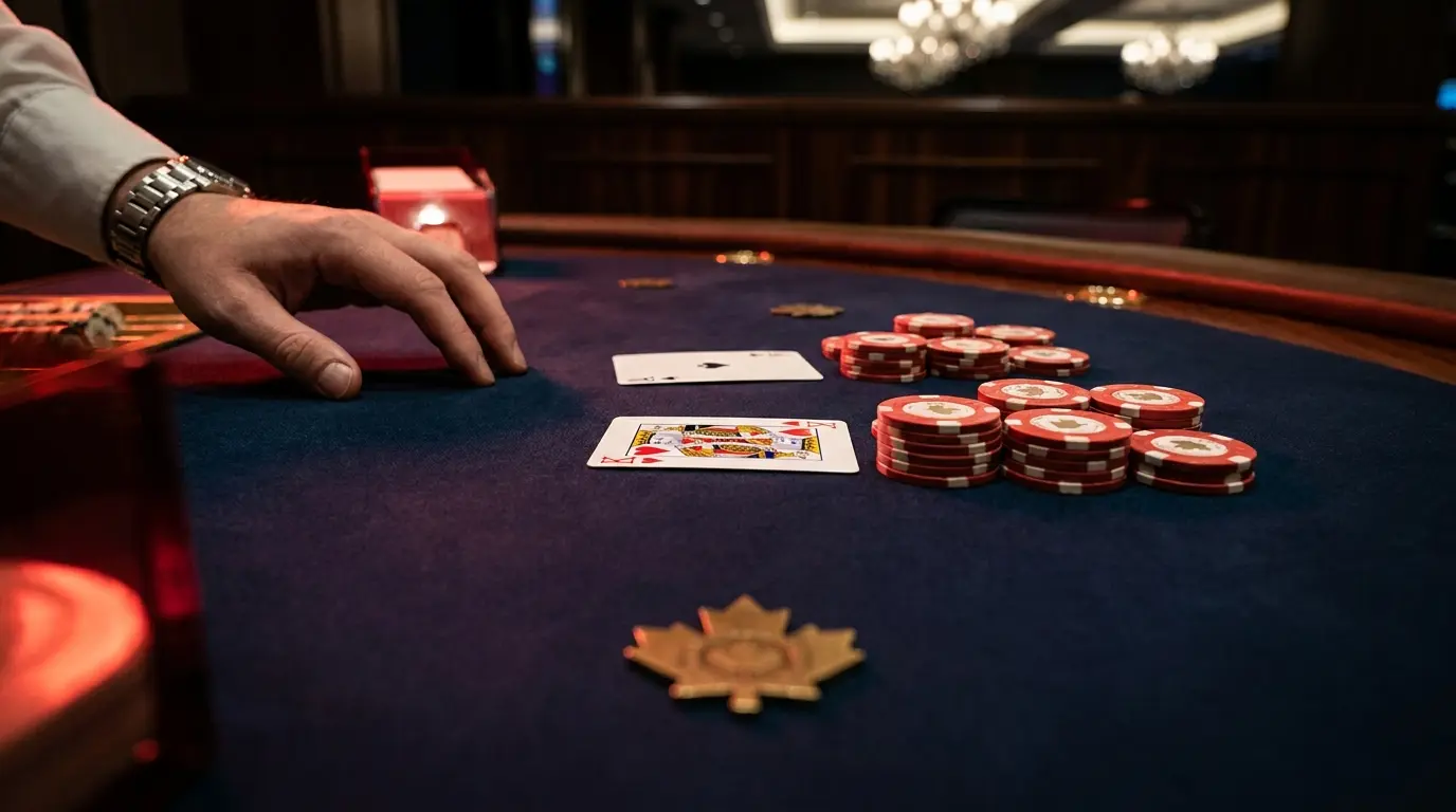 Blackjack cards and casino chips with Canadian maple leaf design