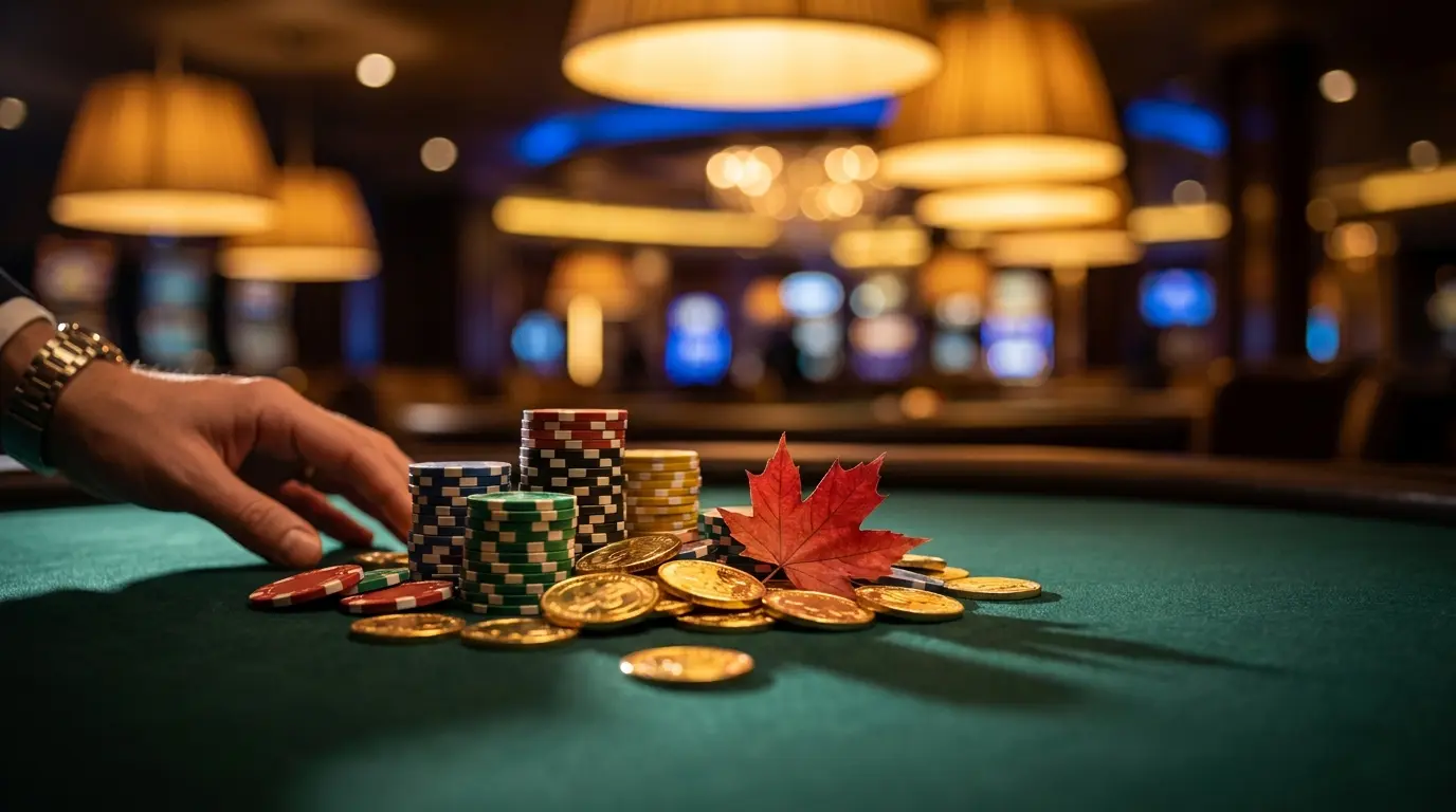 Casino chips and coins on felt table with Canadian maple leaves