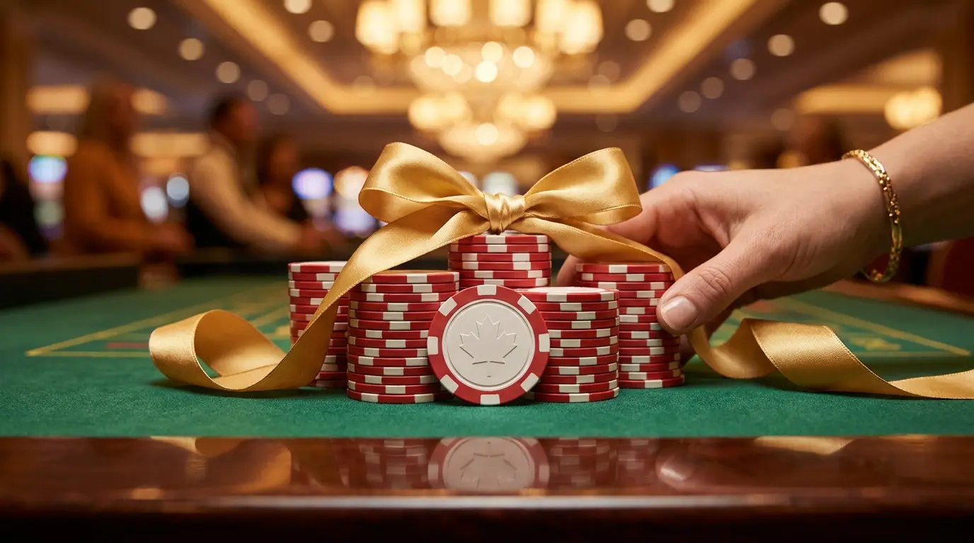 Casino chips with Canadian theme and gift ribbon on gaming table