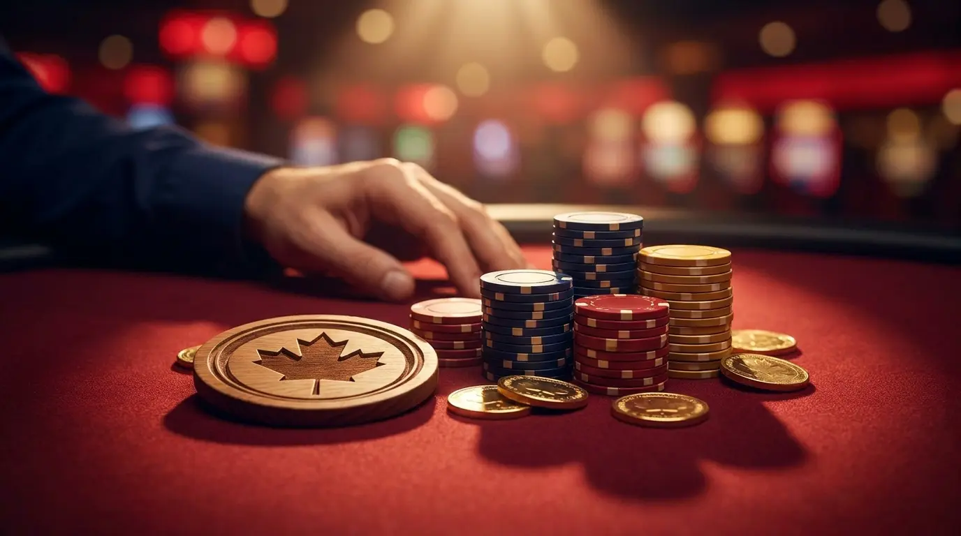 Casino chips and gold coins on red felt with Canadian maple leaf accent