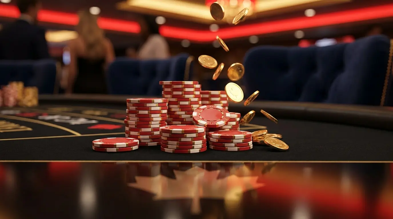Casino chips and coins with Canadian maple leaf reflection on felt