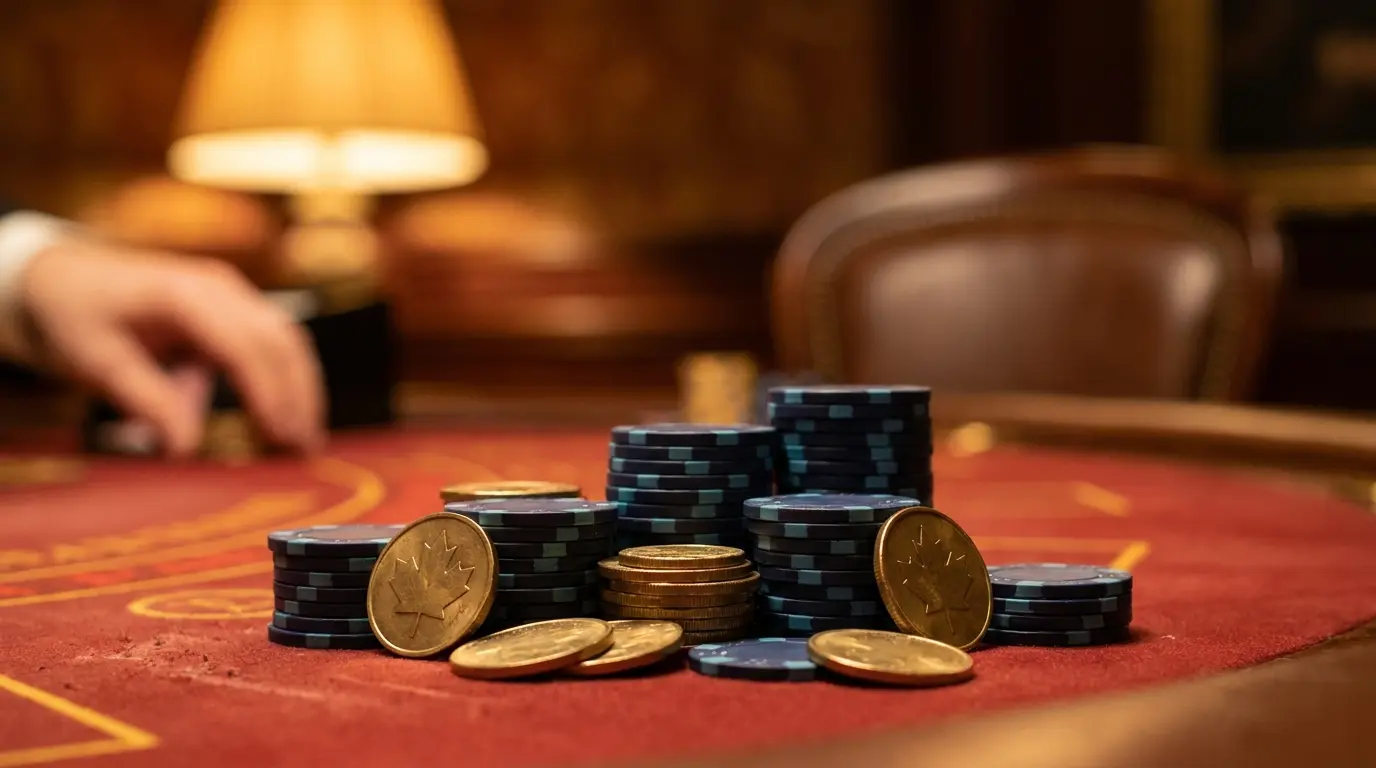 Casino chips and maple leaf tokens on red felt gaming table
