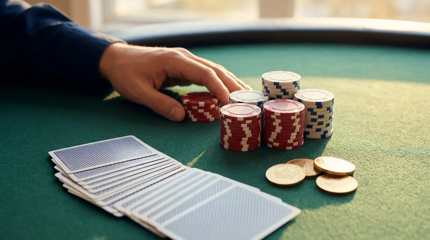 Casino chips and cards with Canadian maple leaf coins on felt