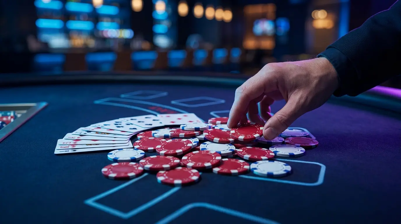 Casino chips and cards with Canadian red and white color scheme