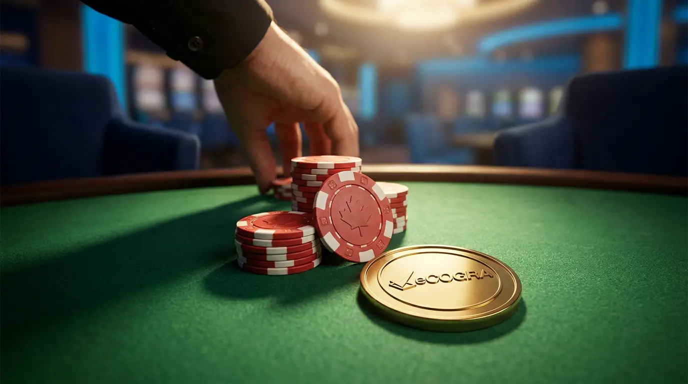 Casino chips with maple leaf design and gold certification seal
