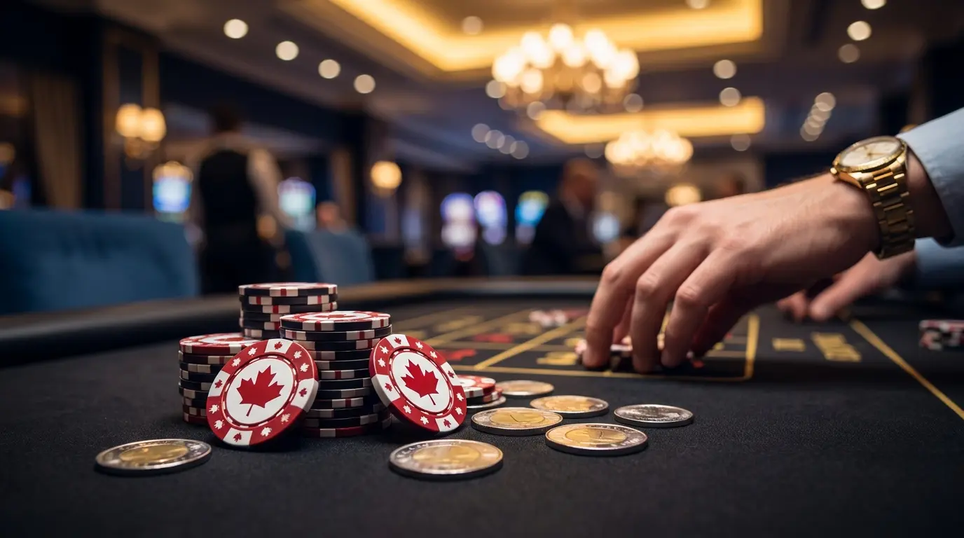 Casino chips with maple leaf design and coins on elegant felt table
