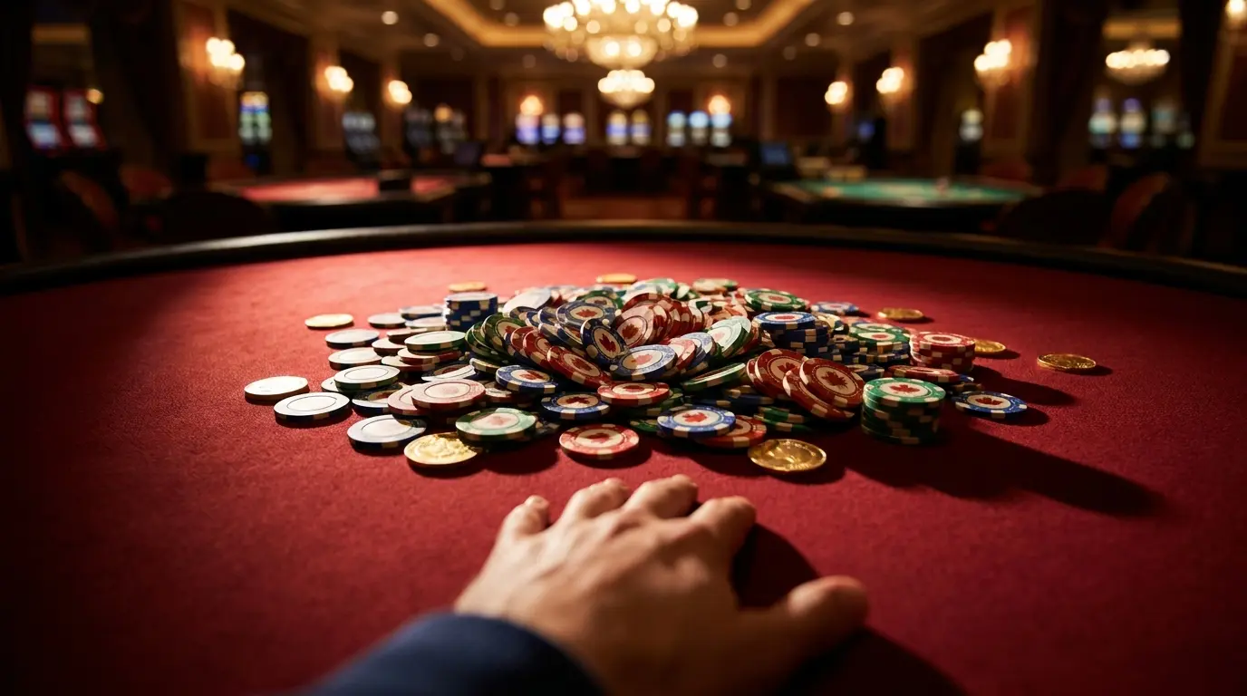 Casino chips and coins on red felt with Canadian color theme
