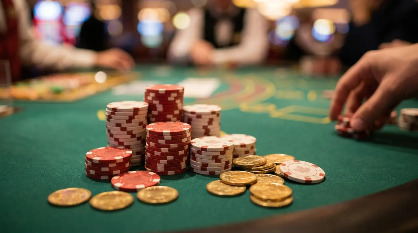 Poker chips in Canadian colors on casino table with coins