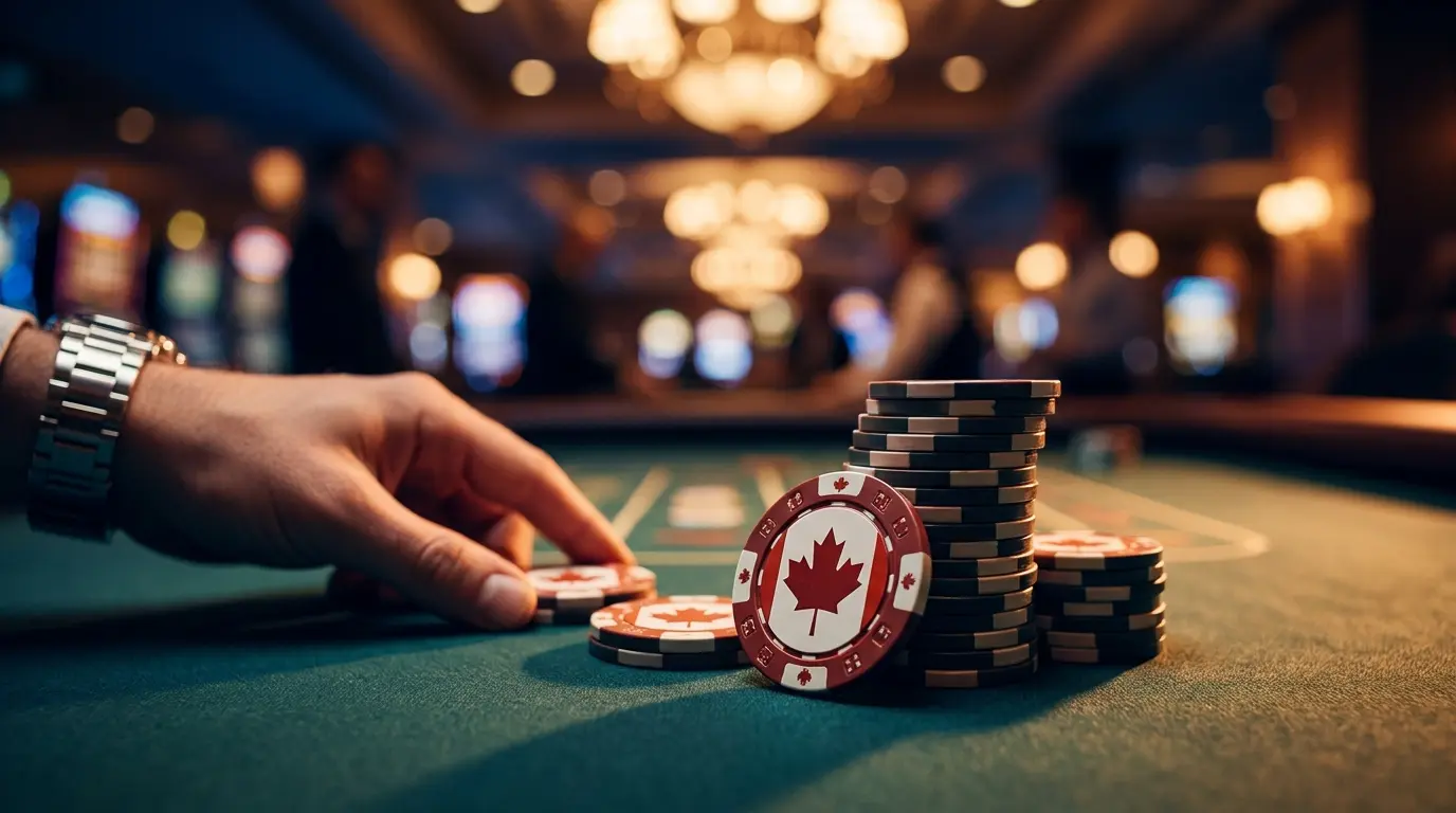 Poker chips in Canadian colors on casino table with ambient lighting