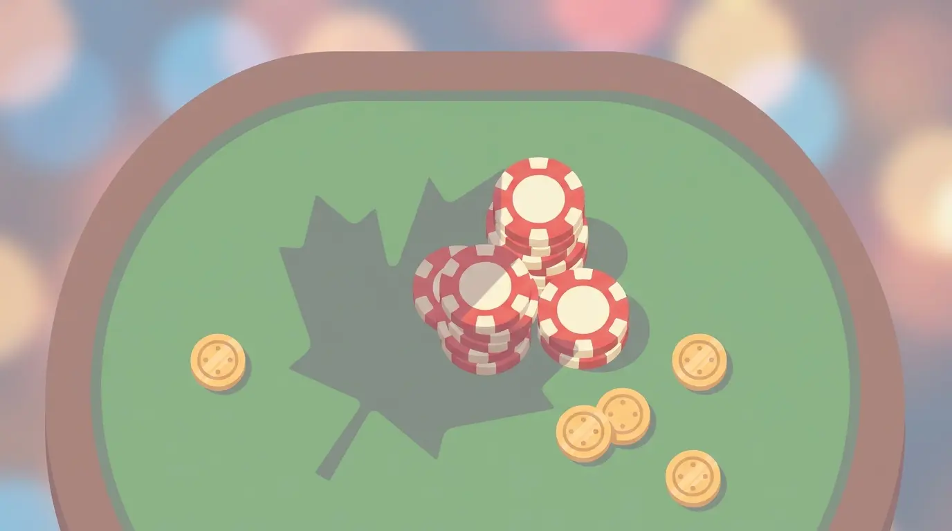 Casino chips and coins on green felt with Canadian maple leaf shadow