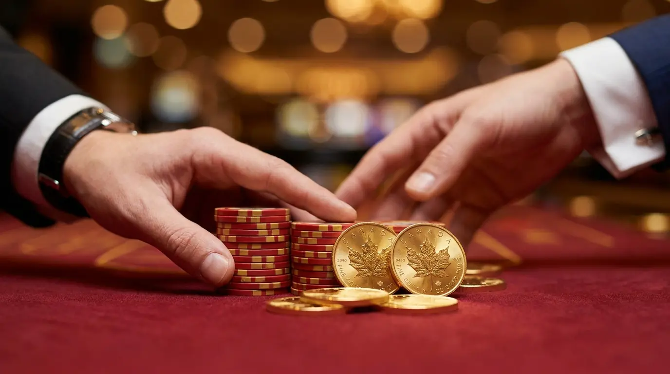 Casino chips and maple leaf coins on red felt gaming table