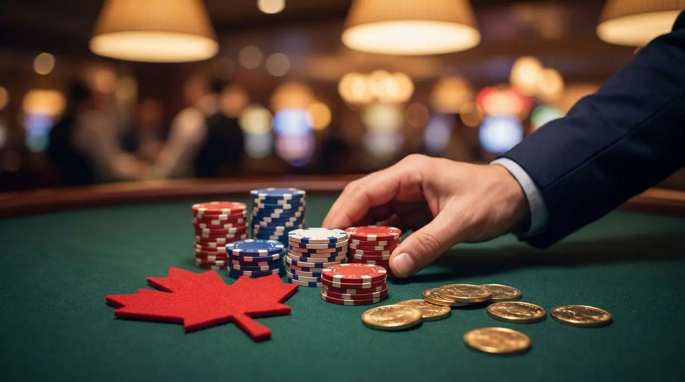 Casino chips and coins with Canadian maple leaf on gaming table