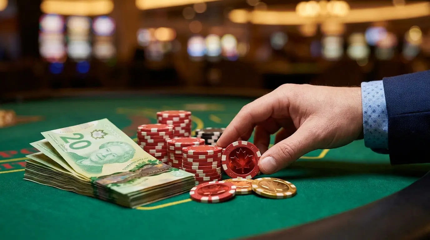 Canadian money with red and white casino chips on gaming table