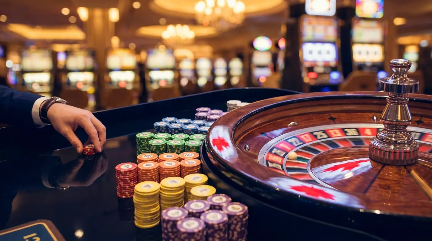 Colorful casino chips and roulette wheel with Canadian maple leaf colors