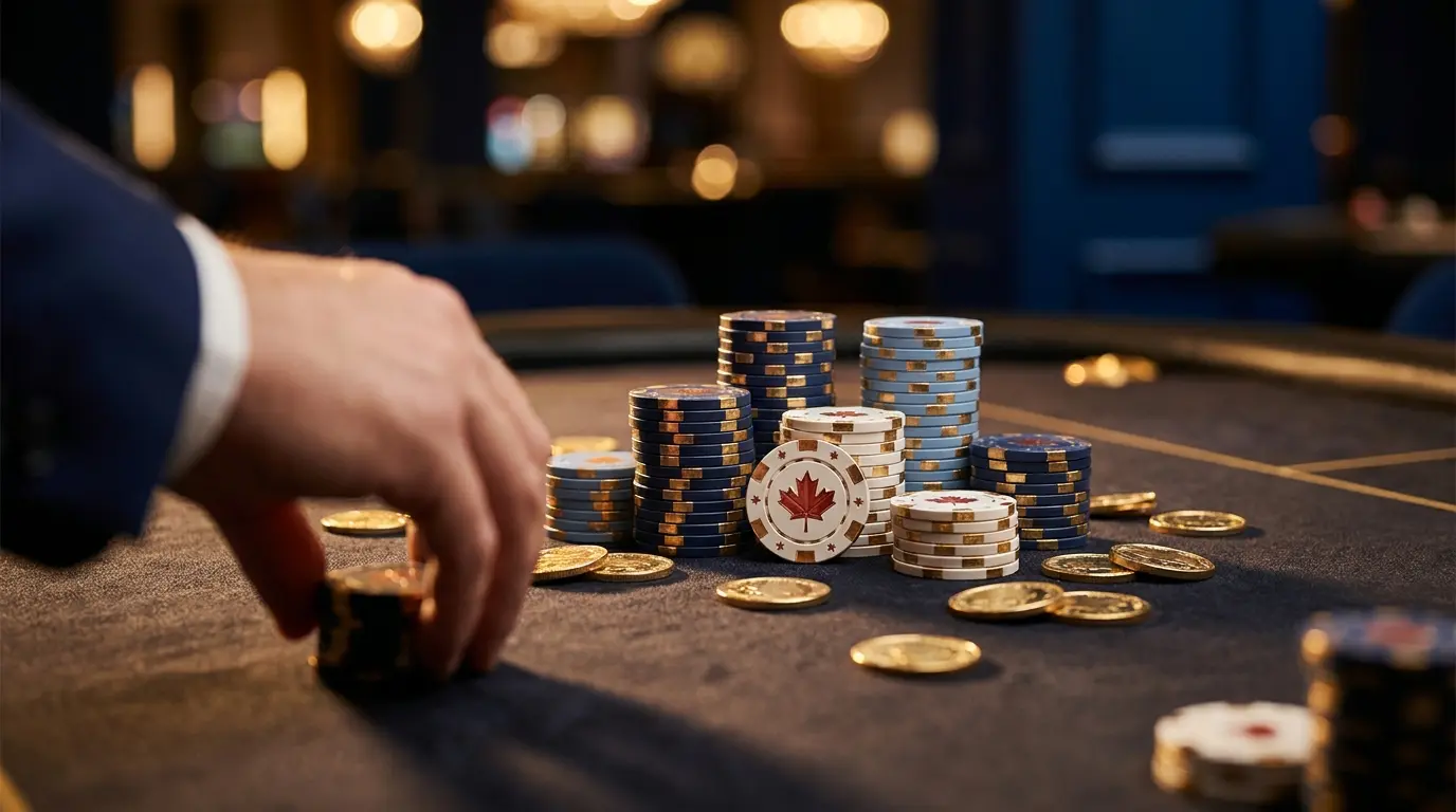 Casino chips with maple leaf design and coins on gaming table