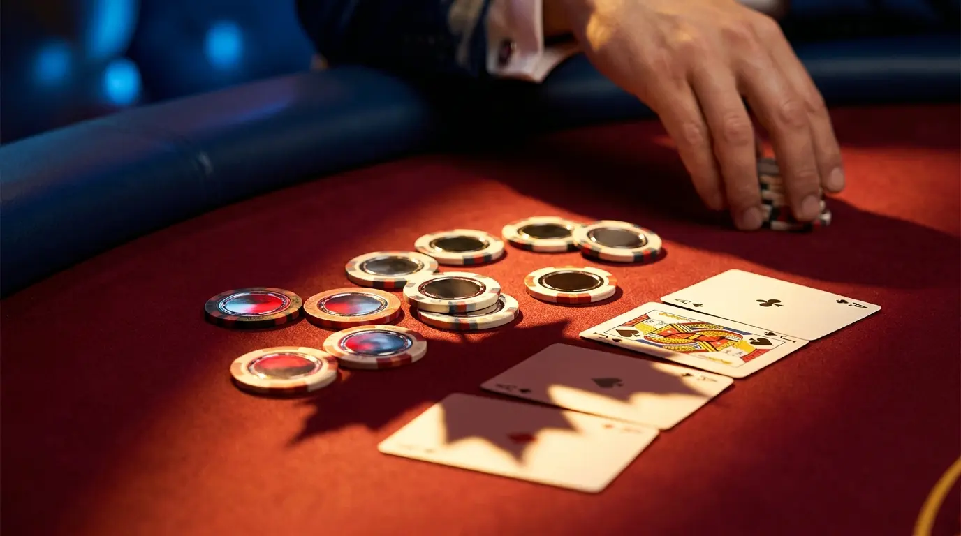 Casino chips and cards on red felt with maple leaf shadow