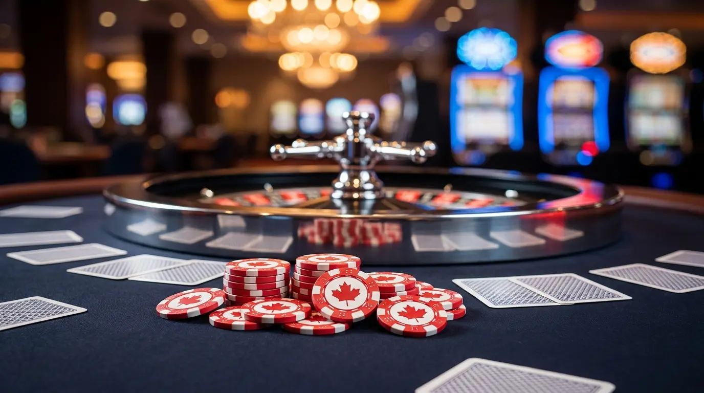 Casino chips with Canadian maple leaf colors on gaming table