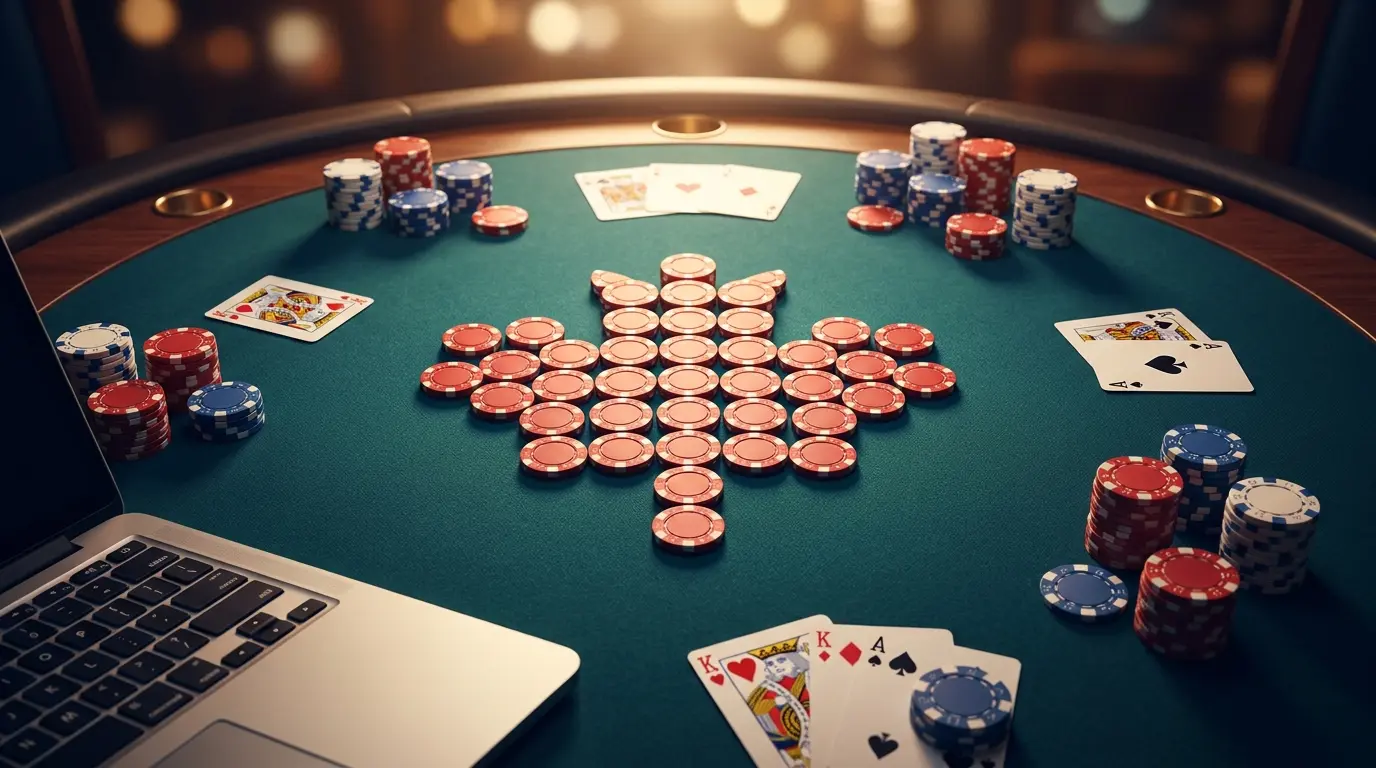 Poker chips and cards on casino table with Canadian maple leaf design
