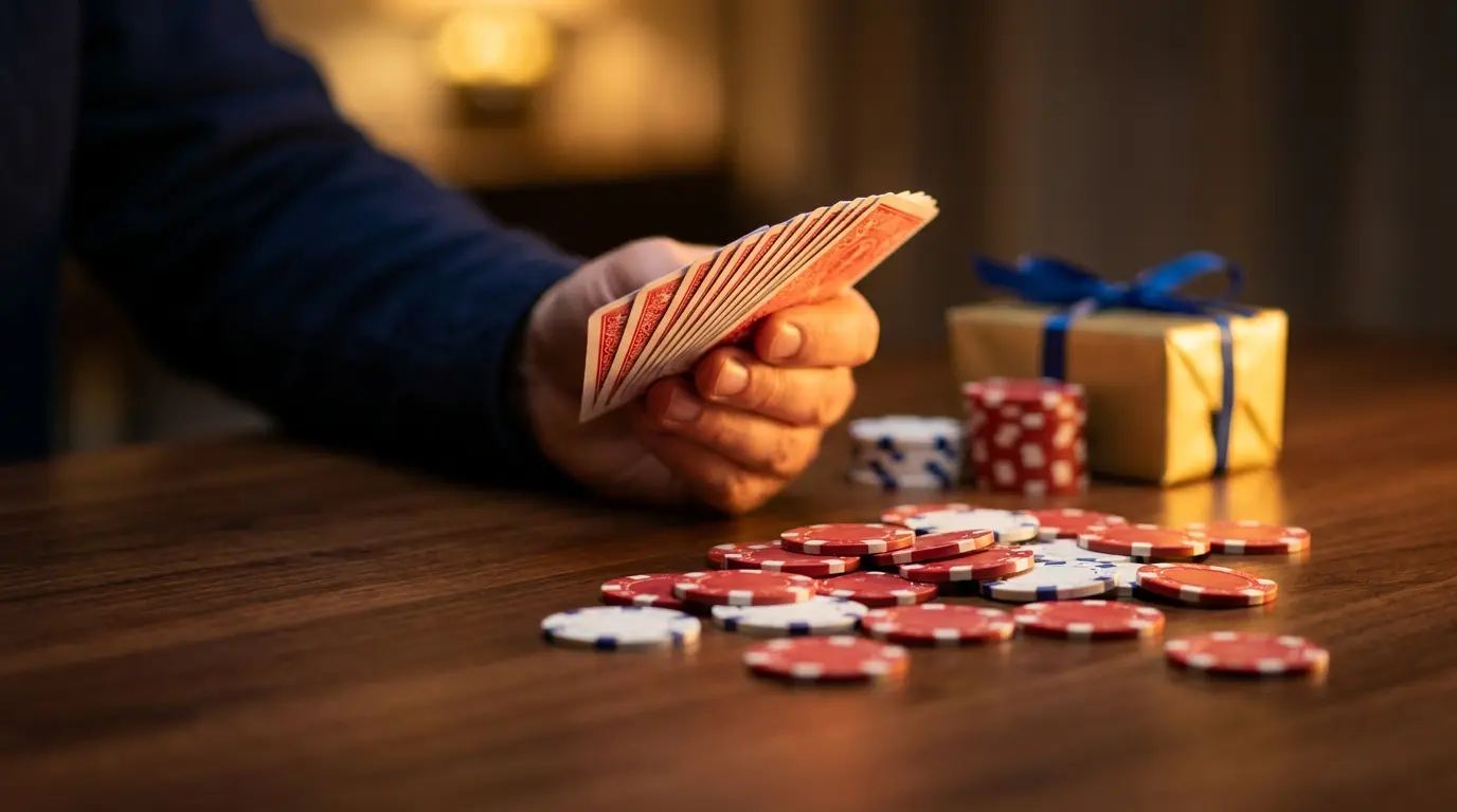 Playing cards and poker chips with decorative gift box on casino table