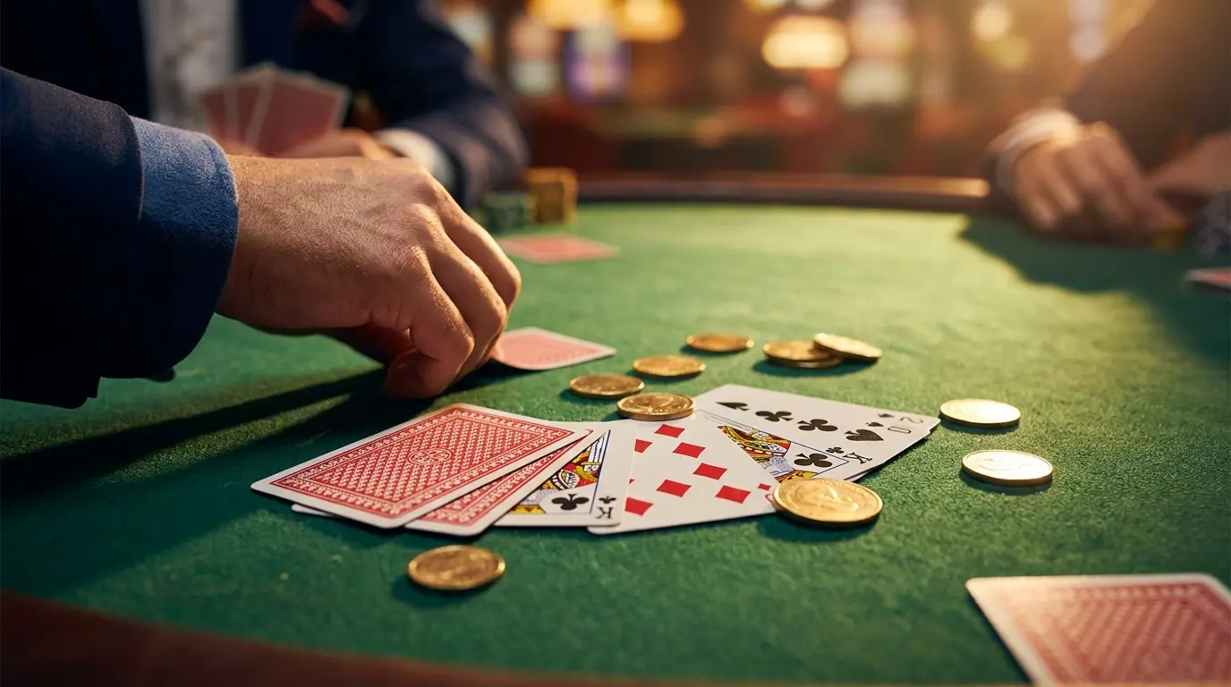 Playing cards and golden coins on casino felt table