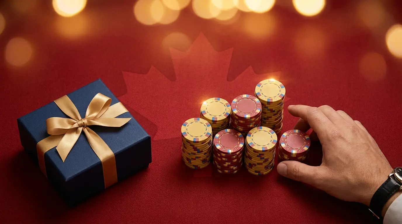 Casino chips and gift box on red felt table with maple leaf motif