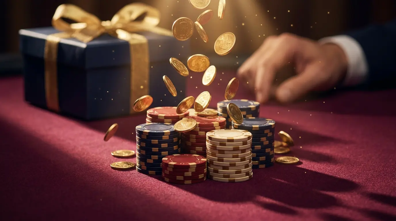 Casino chips and coins with gift box representing bonus promotions