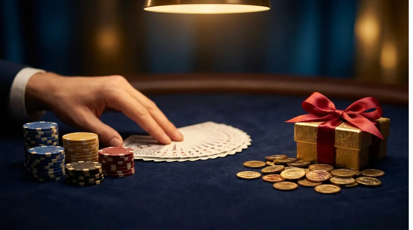 Casino chips, cards and gift box representing bonuses and promotions