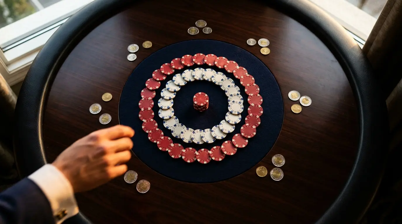 Poker chips and coins arranged on casino table from above