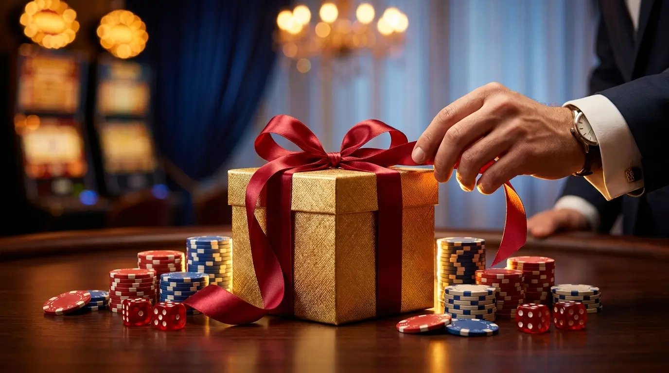 Gift box with ribbon surrounded by casino chips and dice
