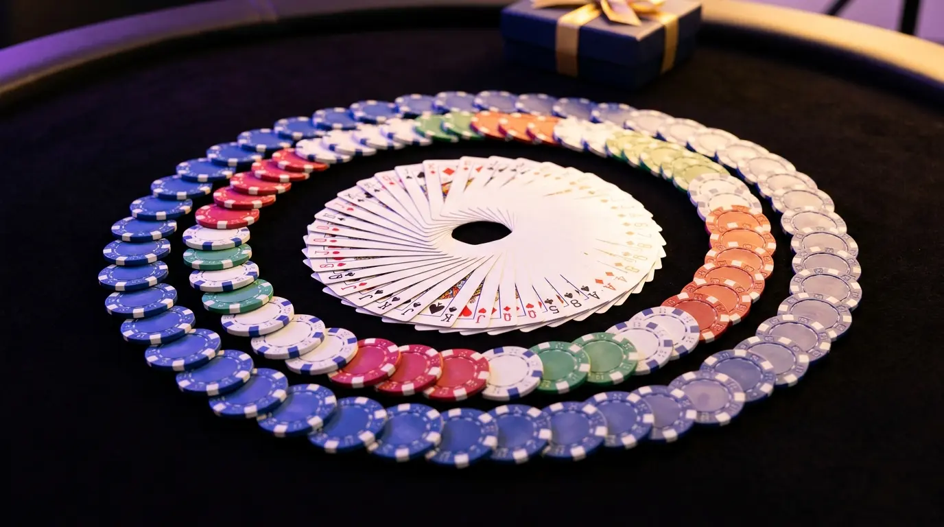 Casino chips and cards arranged with gift box on felt table