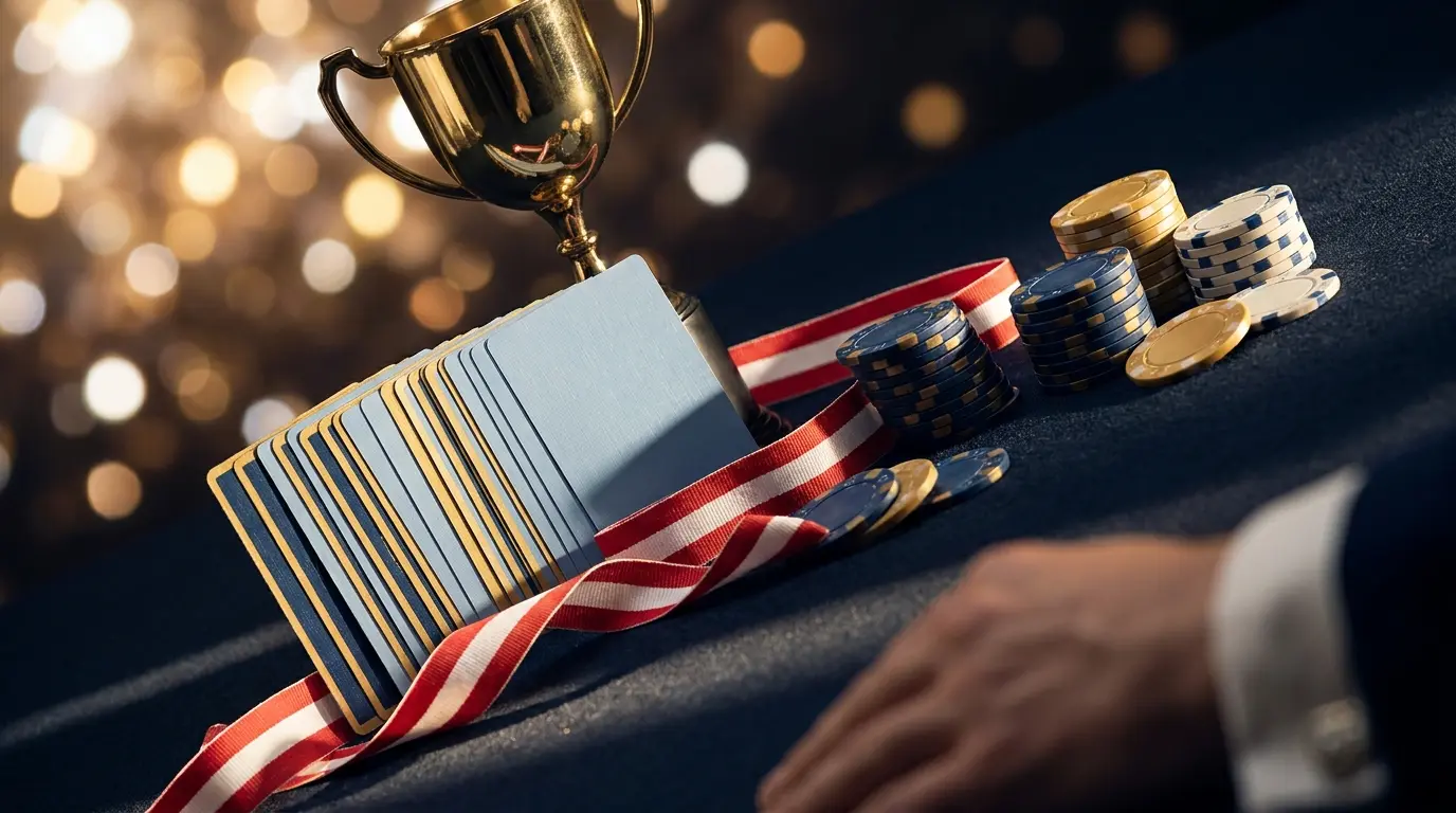 Playing cards, trophy, and casino chips in celebratory arrangement