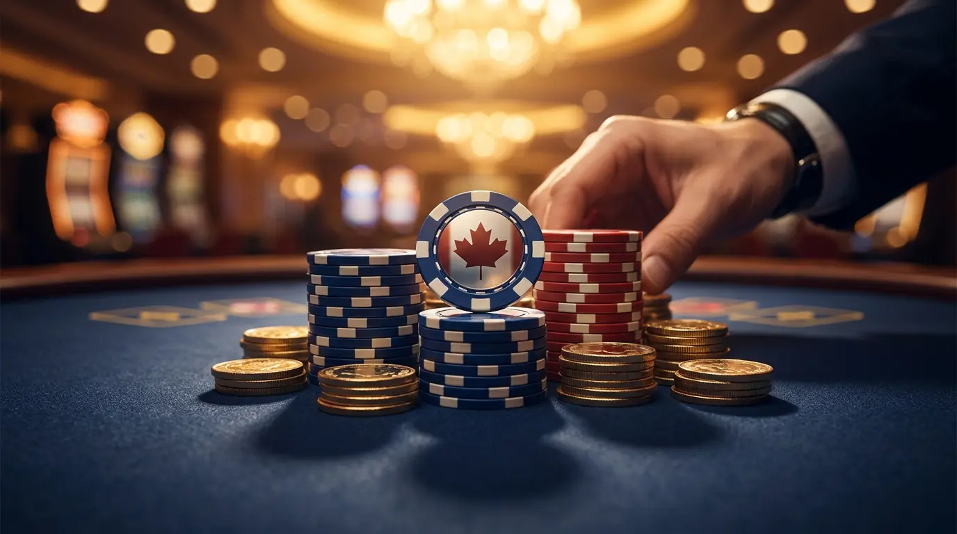 Casino chips and coins on blue felt with Canadian themed lighting