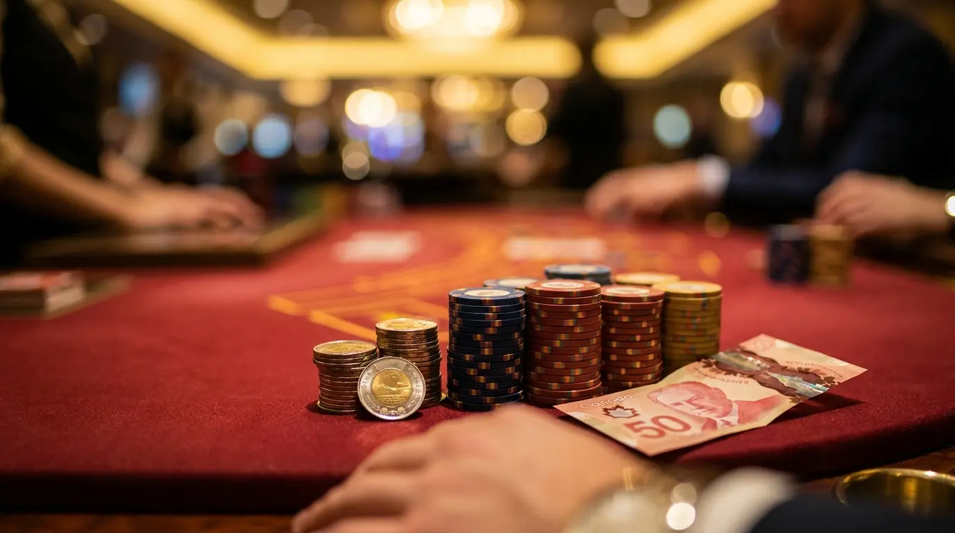 Canadian coins and casino chips on gaming table