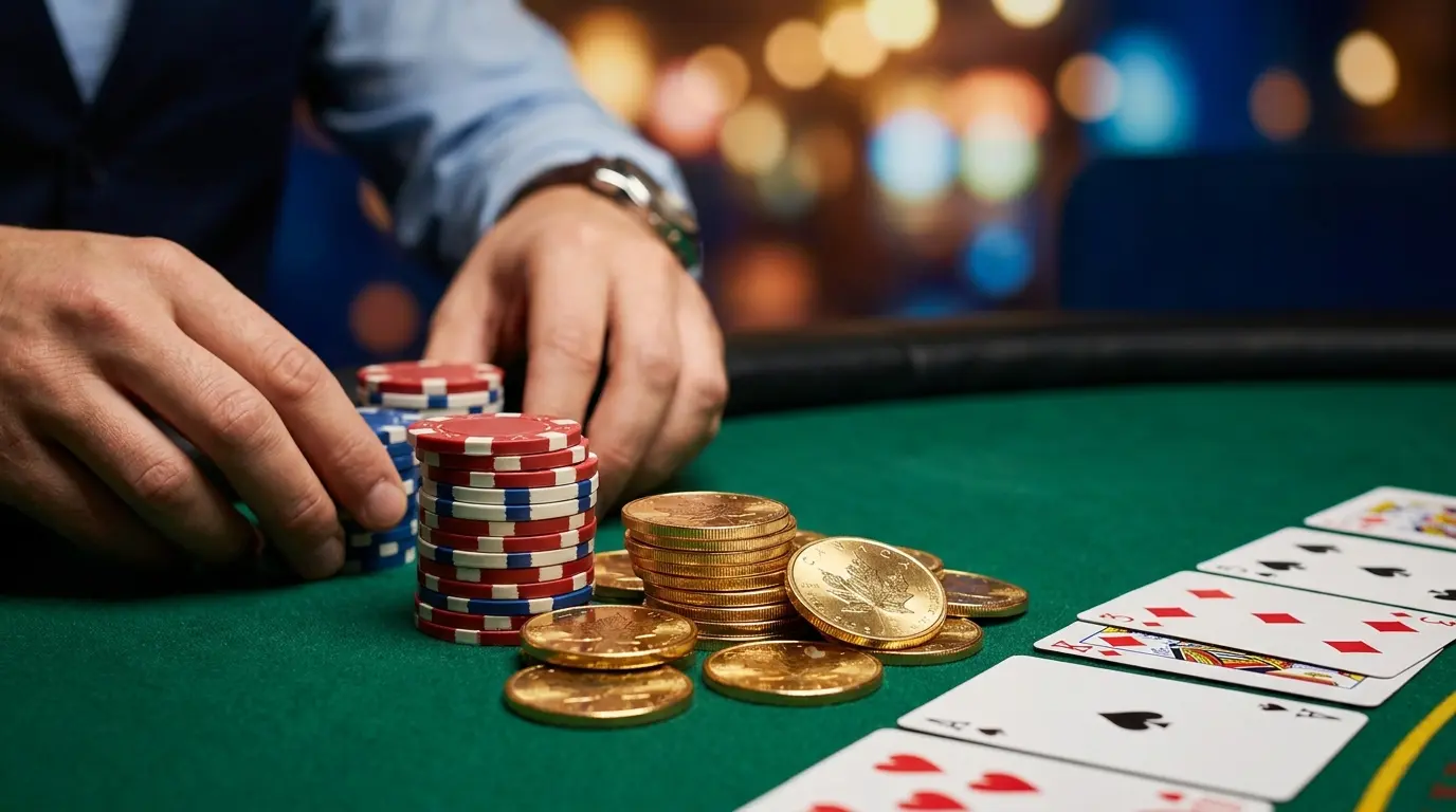 Casino chips and maple leaf coins on felt table with warm lighting