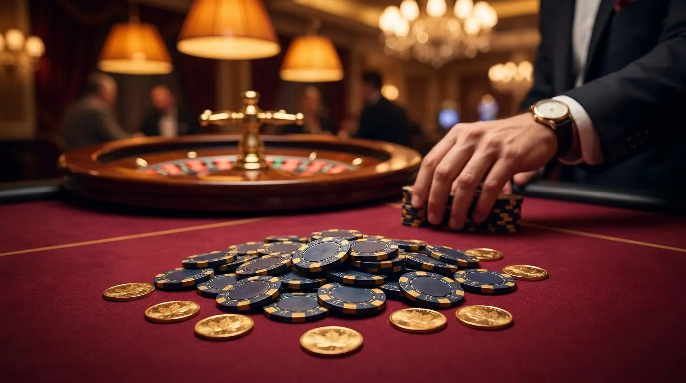 Casino chips and gold coins on red felt with Canadian maple leaf motif