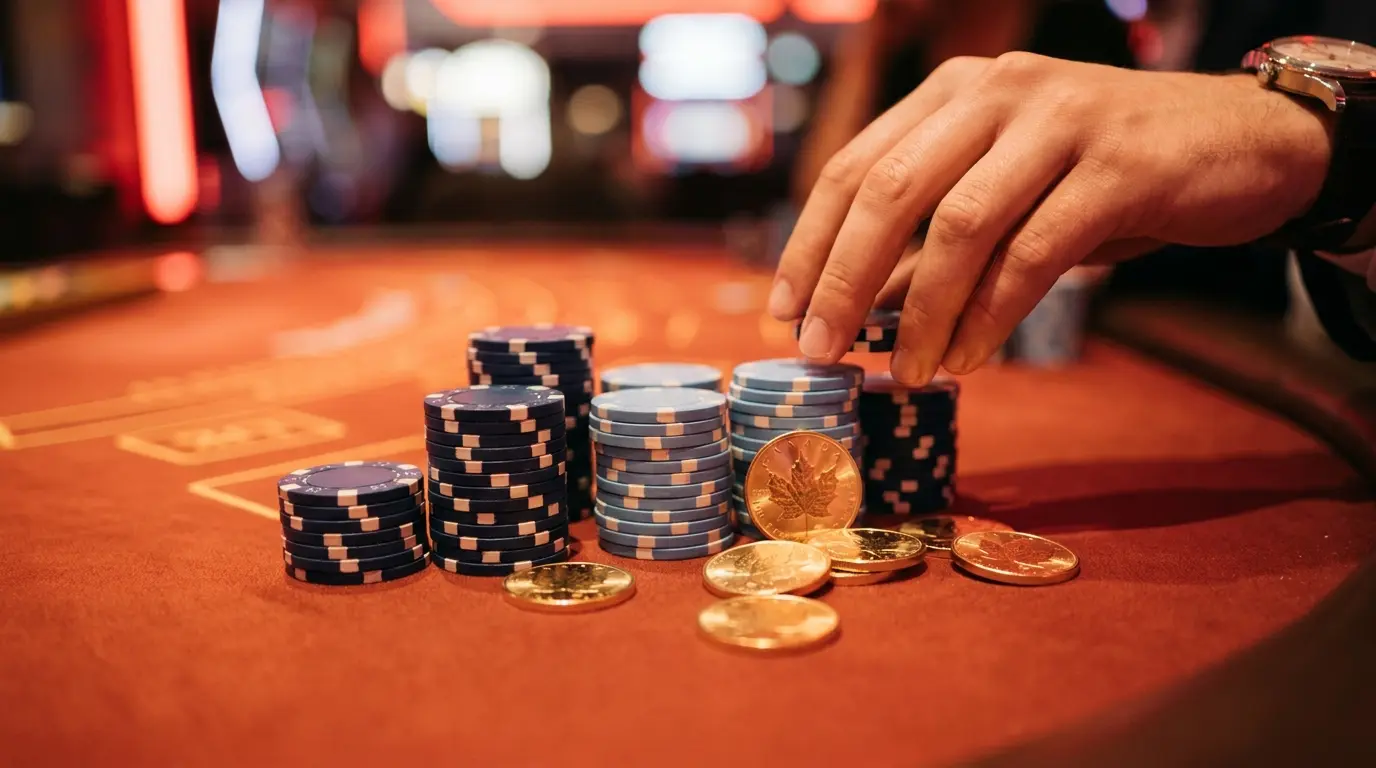Casino chips and golden coins on red felt with Canadian colors