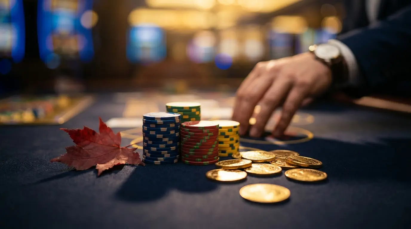 Casino chips and coins with maple leaf on gaming table