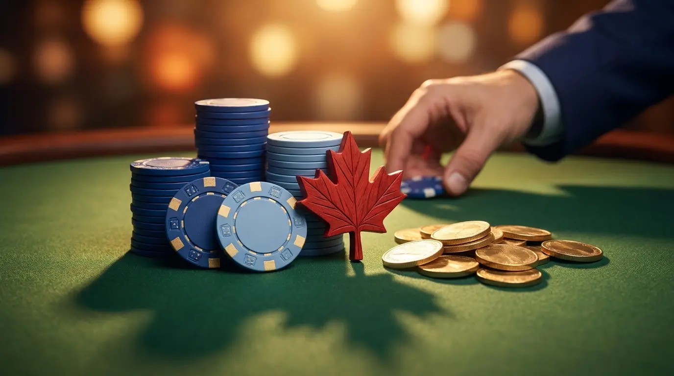 Casino chips and maple leaf symbol on green felt table