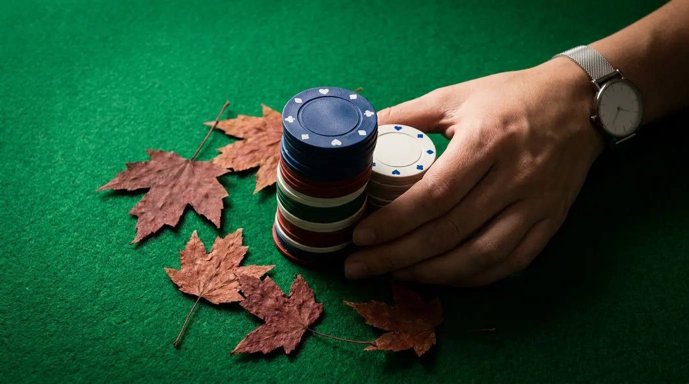 Casino chips and maple leaves on gaming table
