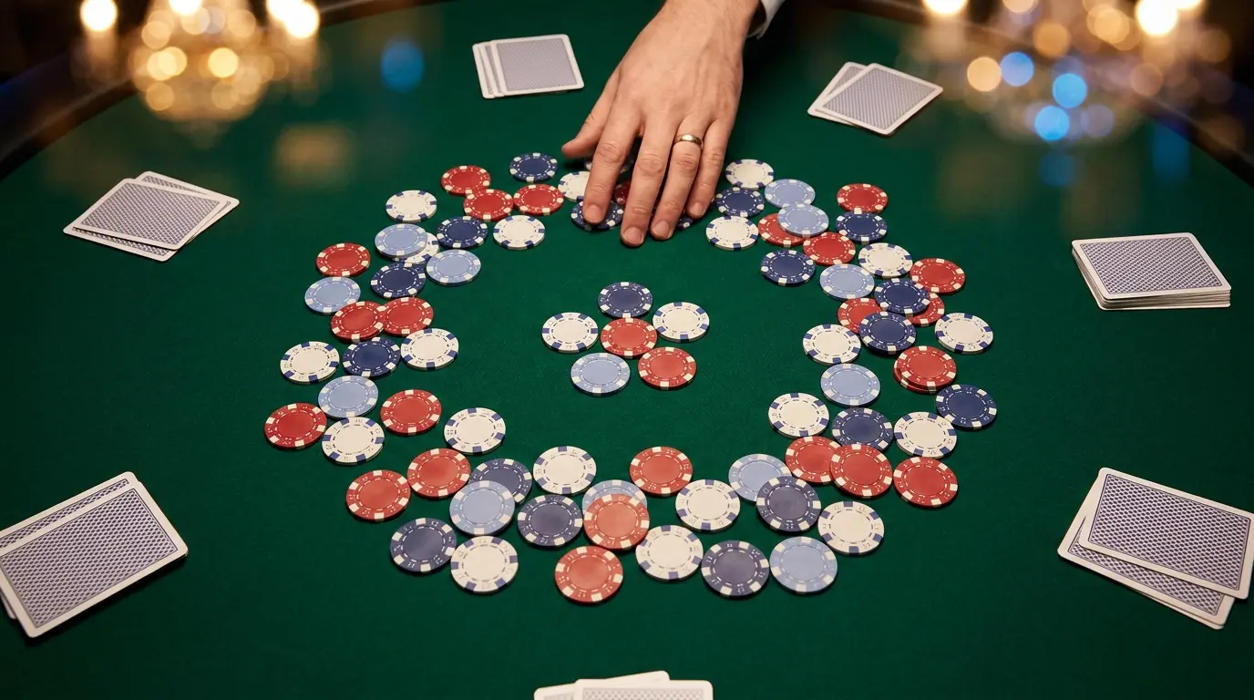 Poker chips arranged on green felt with Canadian color theme
