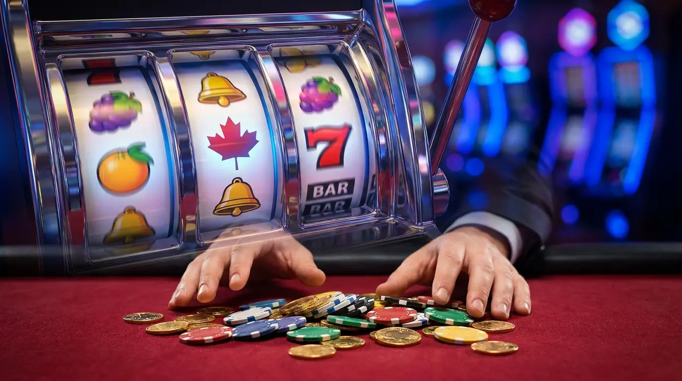 Slot machine reels with casino chips and Canadian maple leaf reflection
