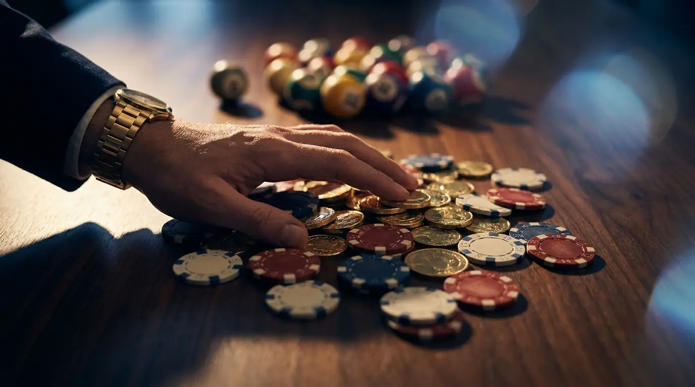 Hand reaching for casino chips and coins with bingo balls nearby