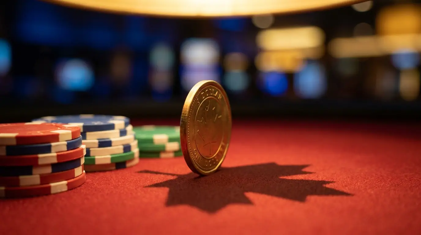 Dollar coin and poker chips on casino felt with maple leaf shadow